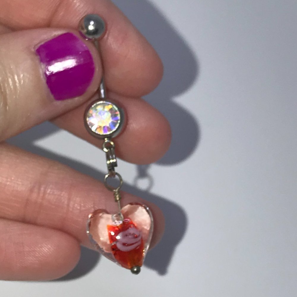 Red Lamp work Glass Heart Dangle Belly Rings